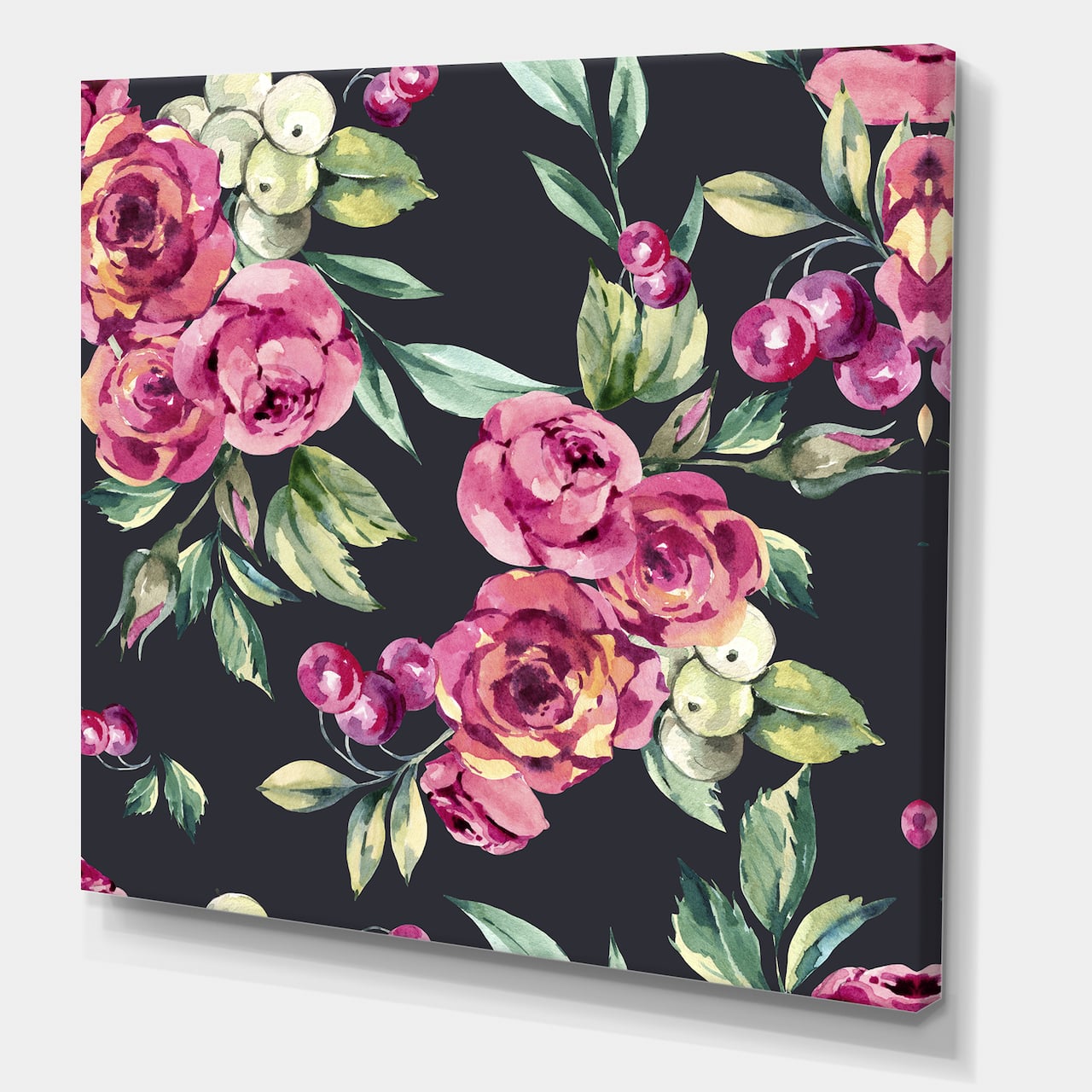 Designart - Red VIntage Roses and Berries On Black - Farmhouse Canvas Wall Art Print